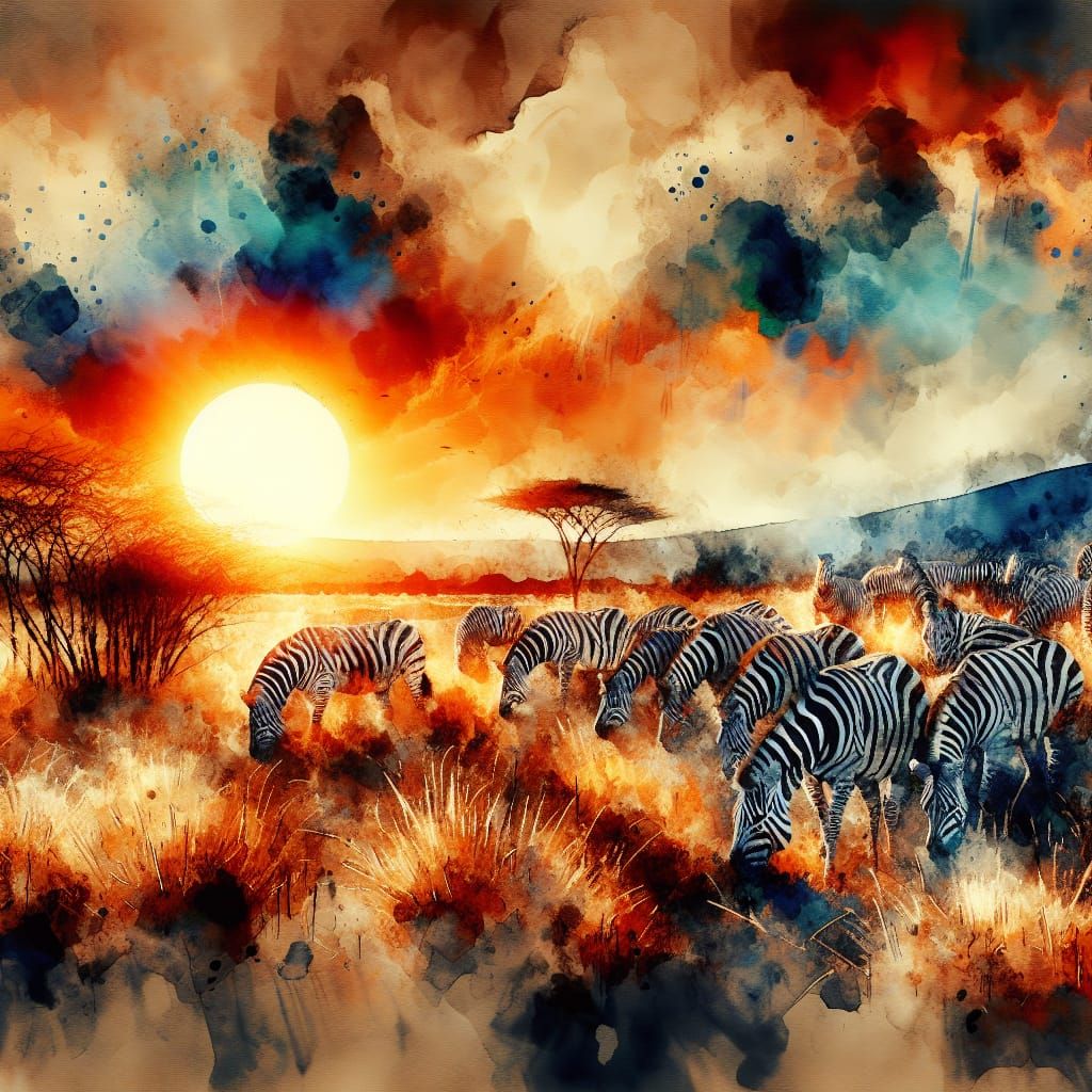 Sunset Zebras on the Savannah in Watercolour