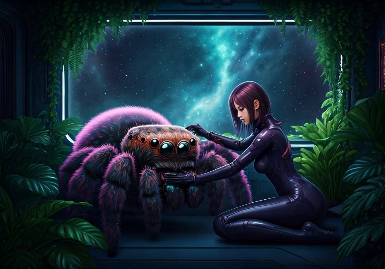 Sleek Women Marvel at Iridescent Spider in Neon Sci-Fi Livin...