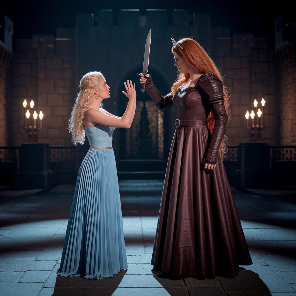 Regal Warrior Confrontation in Dark Castle Shadows