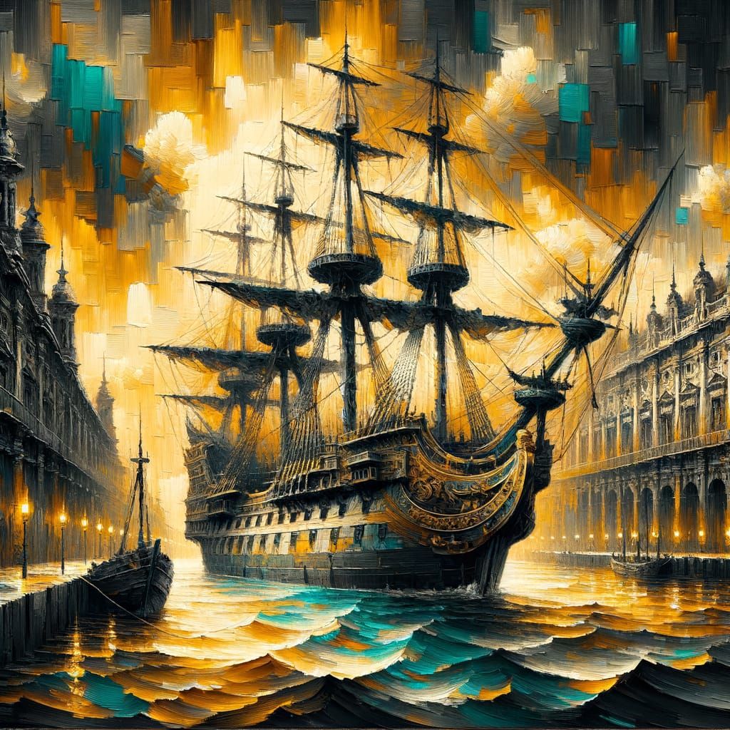 Barquentine Sailing into Renaissance Spanish Port