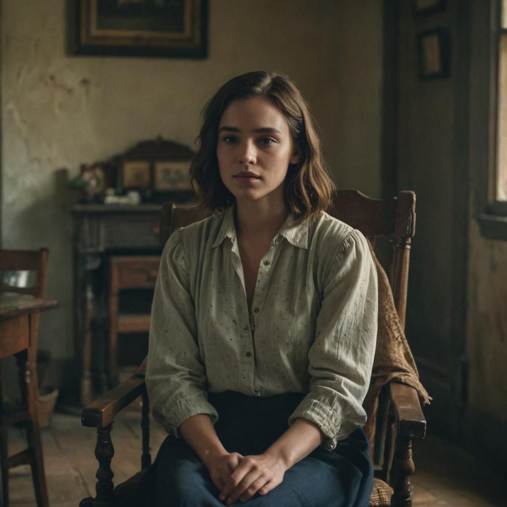 Young Woman in Old House: Cinematic Film Still