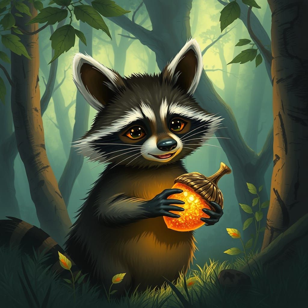 Raccoon with Golden Acorn in Gurney-esque Lighting