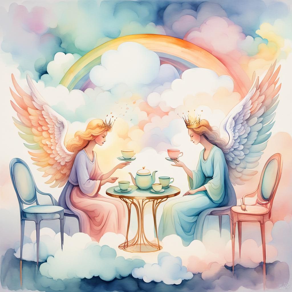 Angels and Queen Sipping Tea in Pastel Watercolors