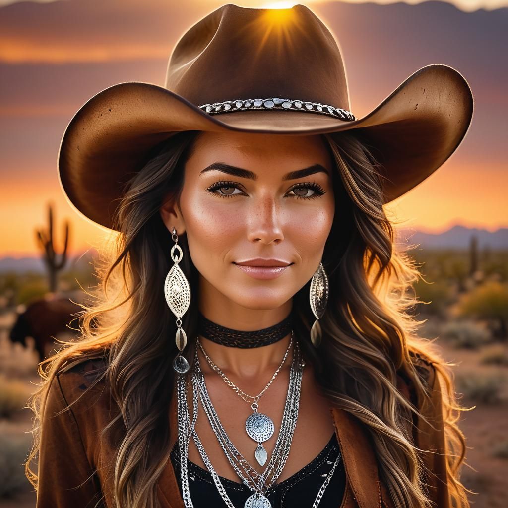 Cowgirl Portrait with Silver Jewelry in Desert Sunset