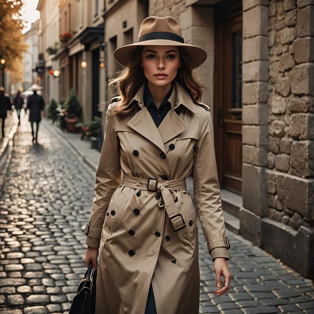 Woman in Trench Coat Walking Cobblestone Street