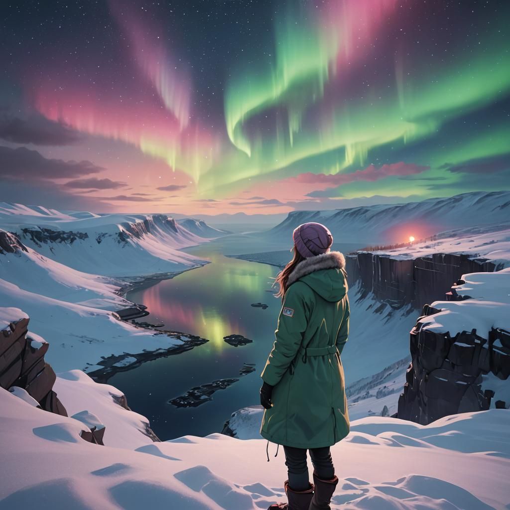Woman Gazing at Northern Lights: Anime-Style 3D Art