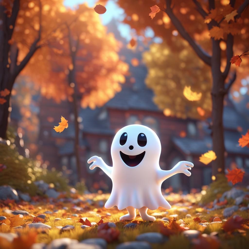 Happy Ghost Playing in Autumn, 3D Pixar Style