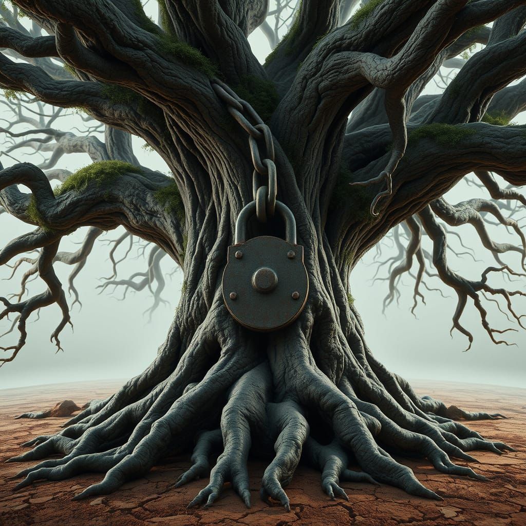 Ancient Tree Consumes Rusted Chain and Lock in Hyper-Realist...