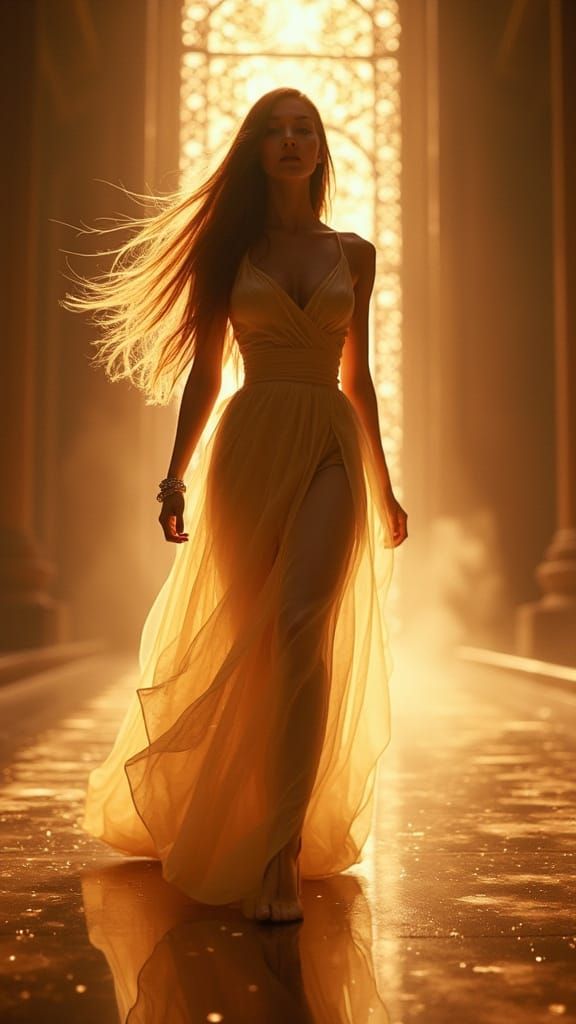 Cinematic Woman in Cascading Light & Surreal Atmosphere
