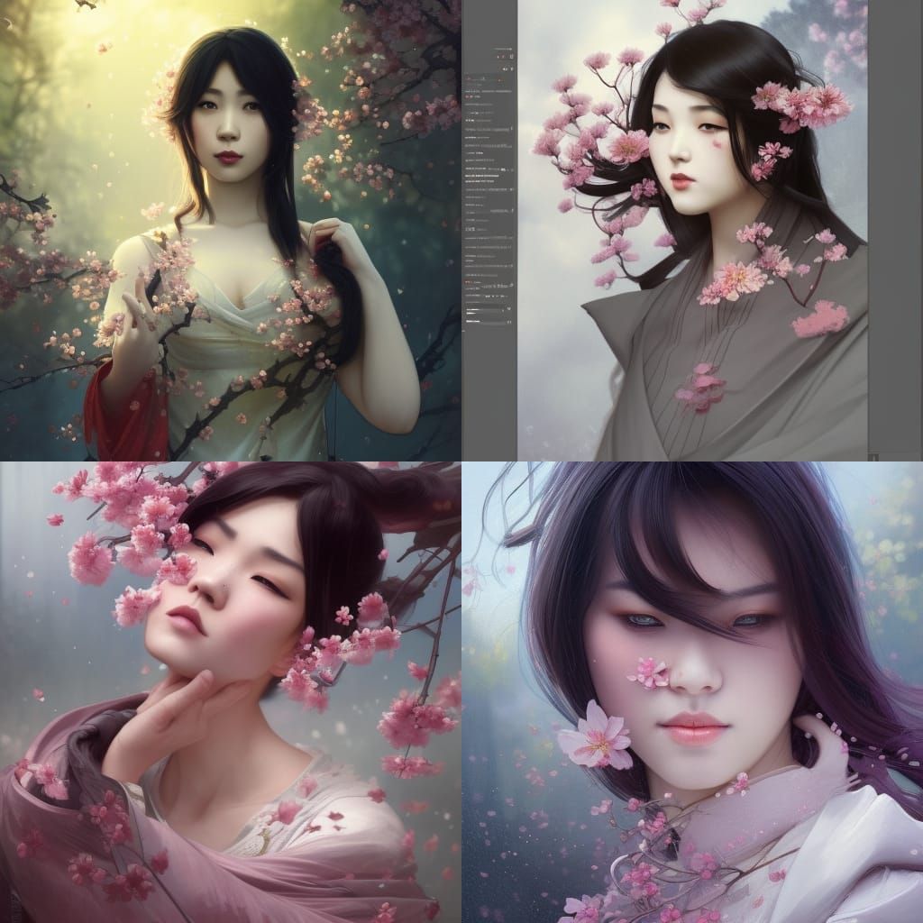 Asian Gothic Woman in Cherry Blossom Shower