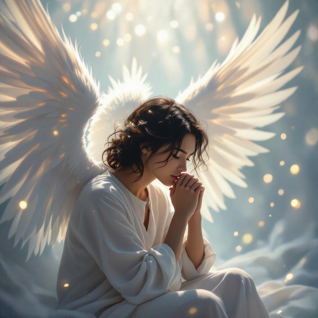 Ethereal Prayer with Angel Wings, Dreamy Art