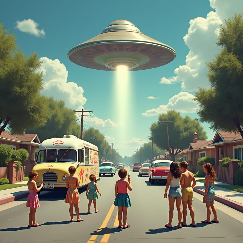 UFO over 1950s Neighborhood as Matte Painting