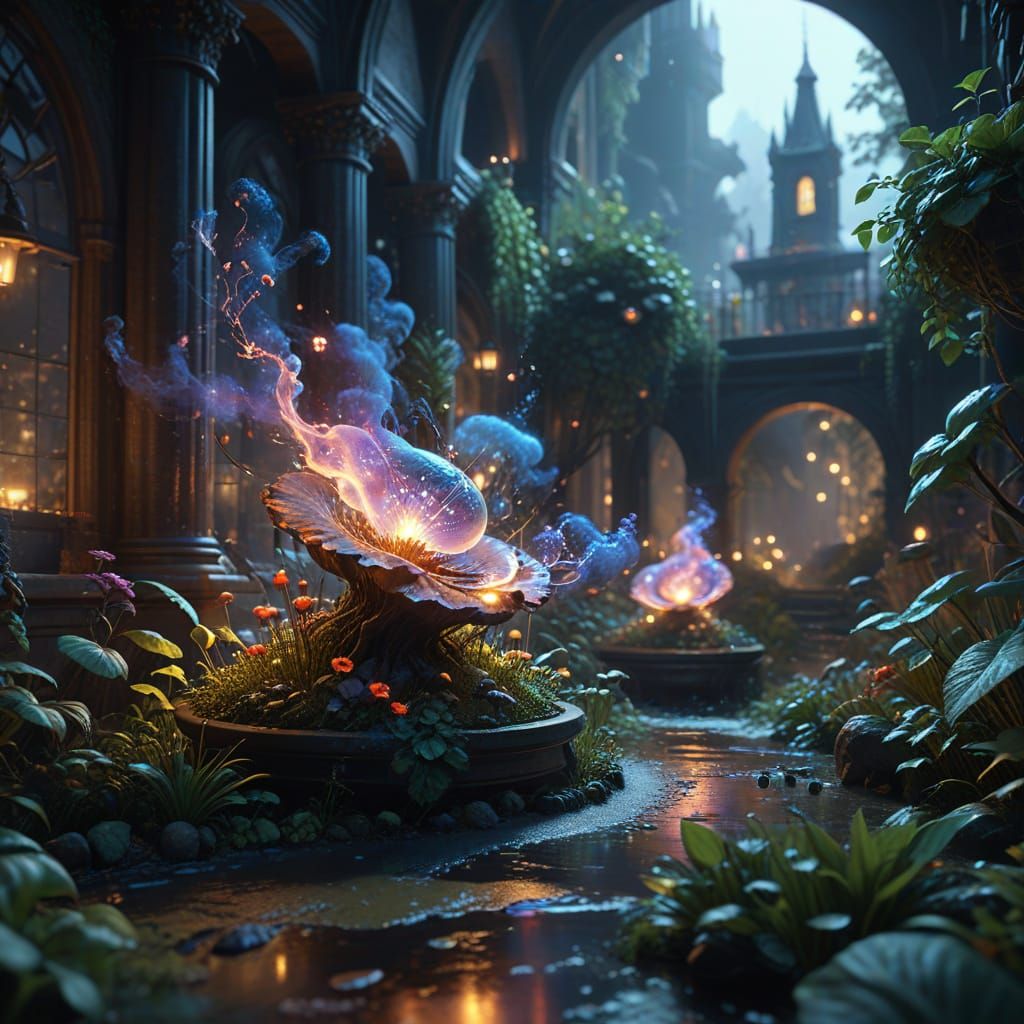 Magical Artists in Lush Garden Lab with Floating Powders