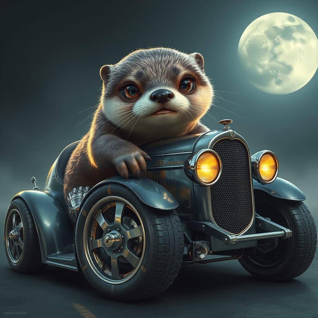 Whimsical Otter Takes the Wheel in Dreamlike Art Deco Scene