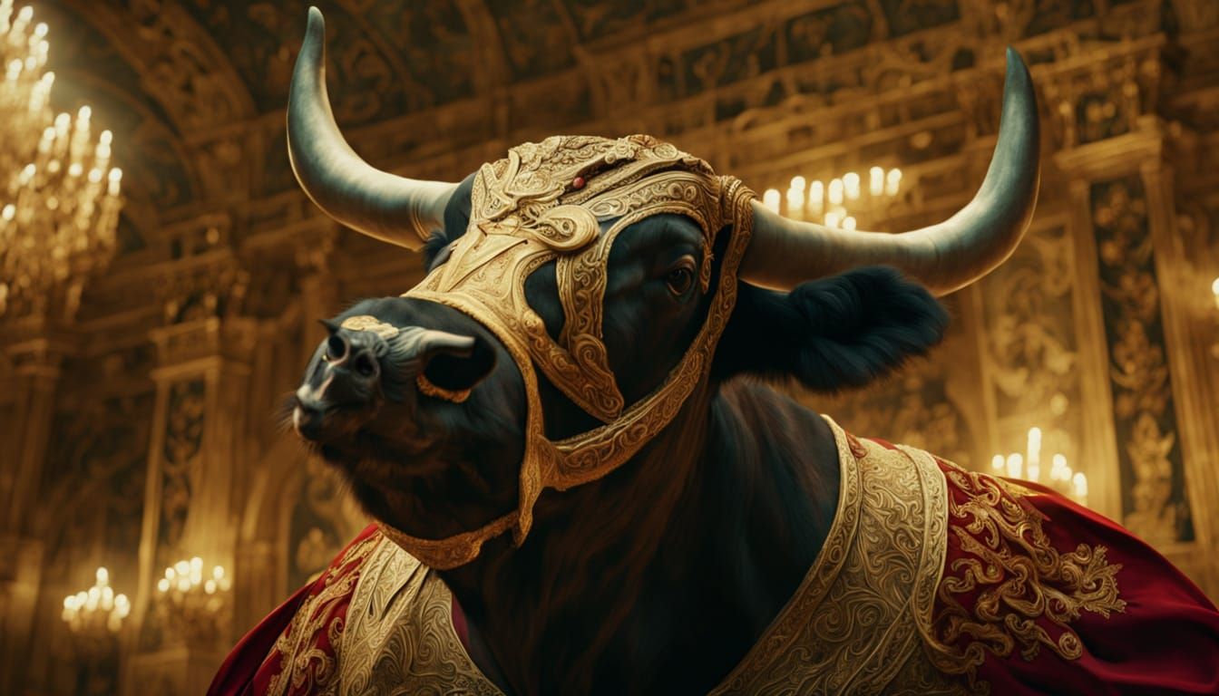 Ethereal Bull Dances Amidst Golden Renaissance Splendor