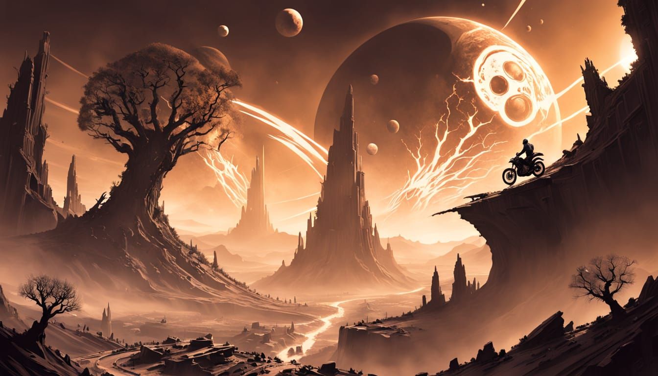 Motorcyclist Ascends Toward Celestial Glow Above Ruined City