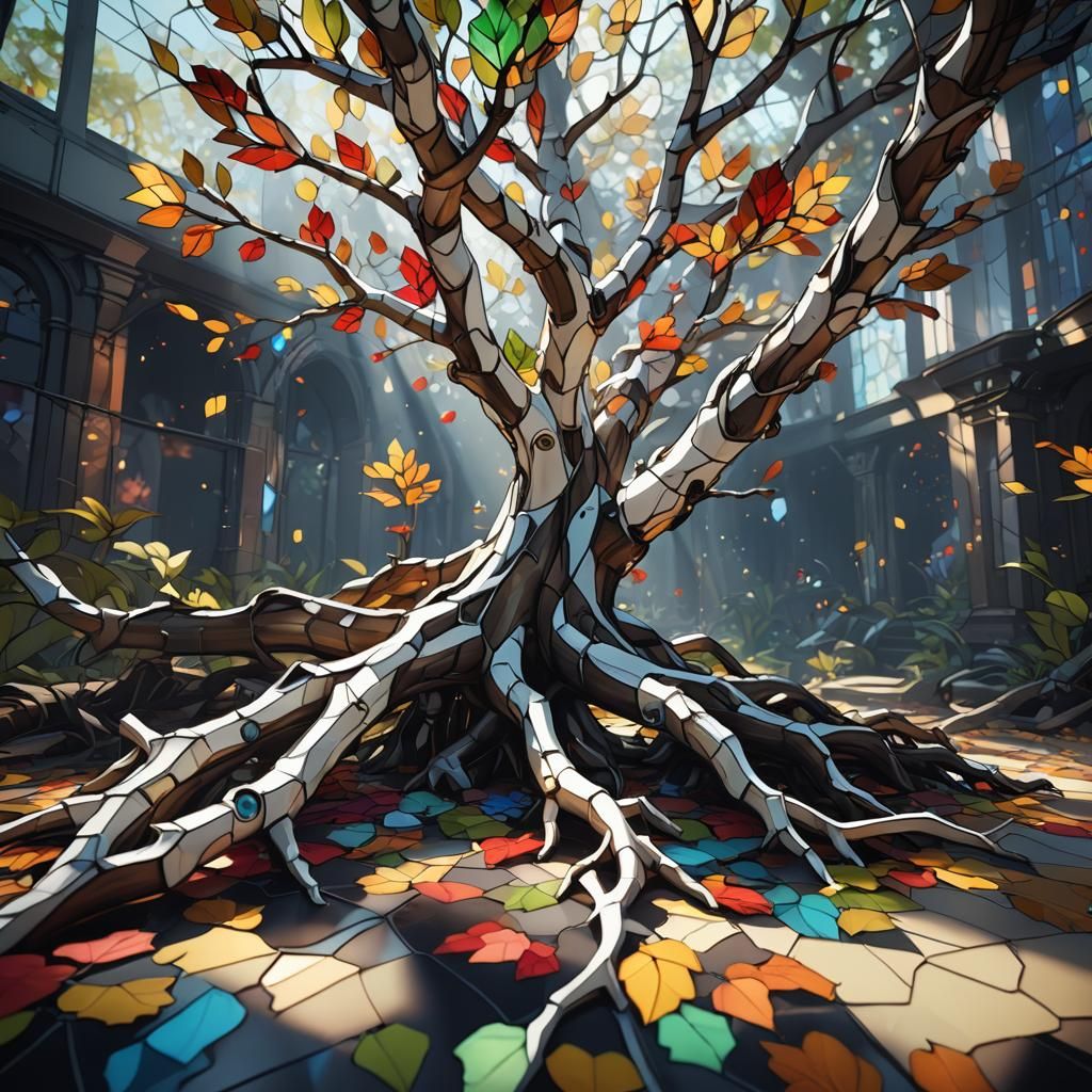 Stained Glass Leaves on Metallic Branch: Concept Art