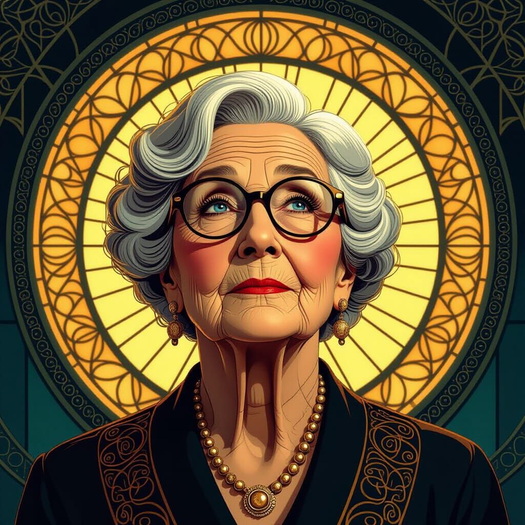 Art Deco Fresco Portrait of Elderly Woman