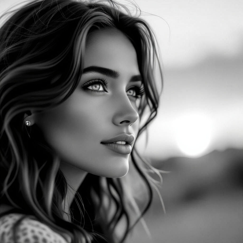 Portrait of a Woman with Cat Eyes in Watercolor Sunset