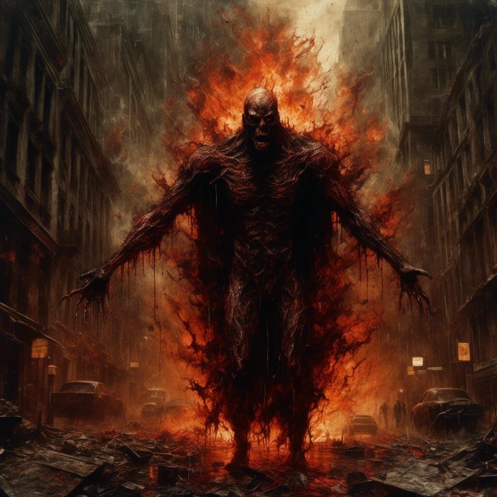 Demonic Titan's Hellfire Devastation: An Oil Painting