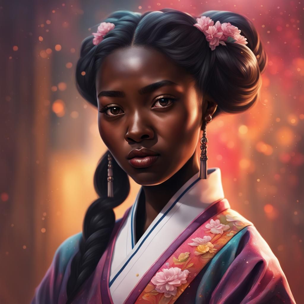 Dark-Skinned Girl in Hanbok: Hyperrealistic Splash Art