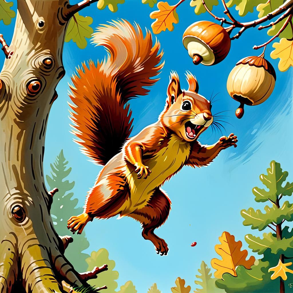 Squirrel's Joy: Gouache Painting of Acorn Discovery