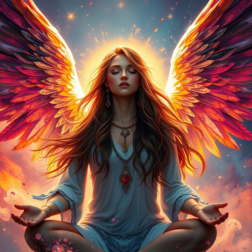 Meditating Light Warrior with Wings in Hyperrealism