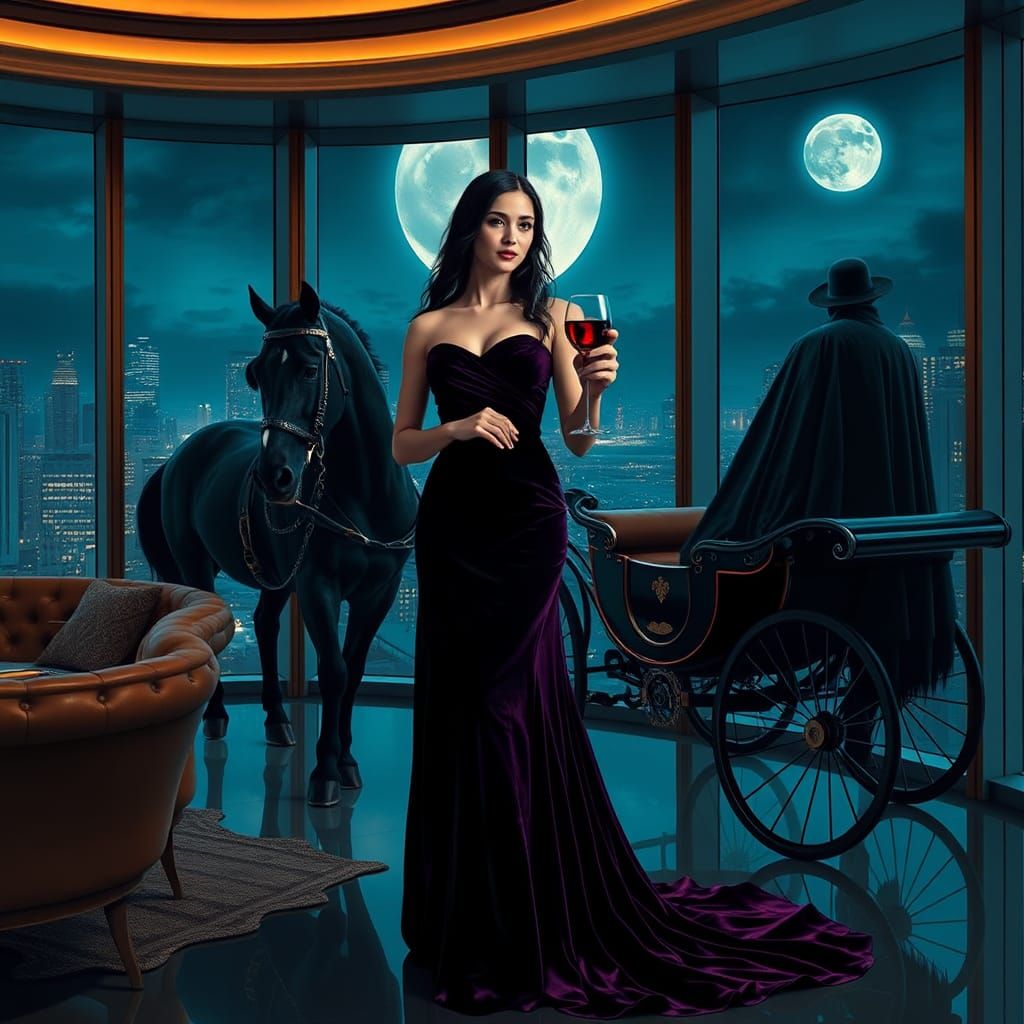 Elegant Woman and Dracula in Cyberpunk Gothic Style