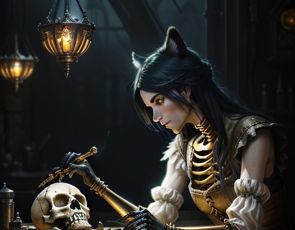 Furry Skeleton Repairs Femur in Dark Fantasy Workshop