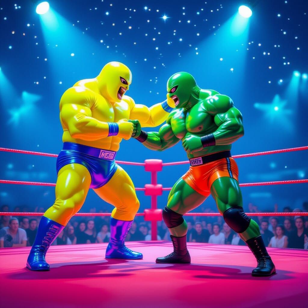 Jello Wrestlers Grappling in Neon Arena: Retro-Futuristic Ar...