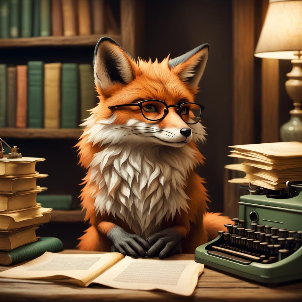 Fox at Typewriter in Ghibli-Inspired Concept Art