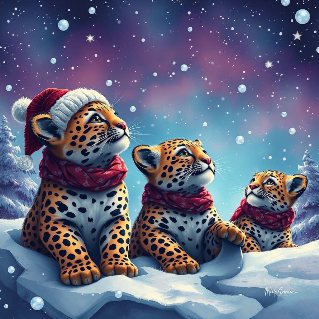 Whimsical Baby Leopards Marvel at Snowfall in Vibrant Winter...