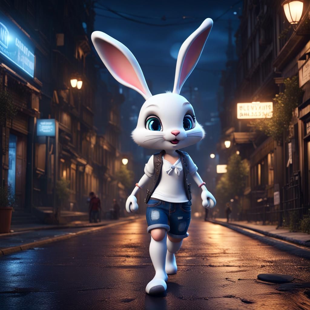 Anthropomorphic Rabbit Girl Walking at Night in 8k