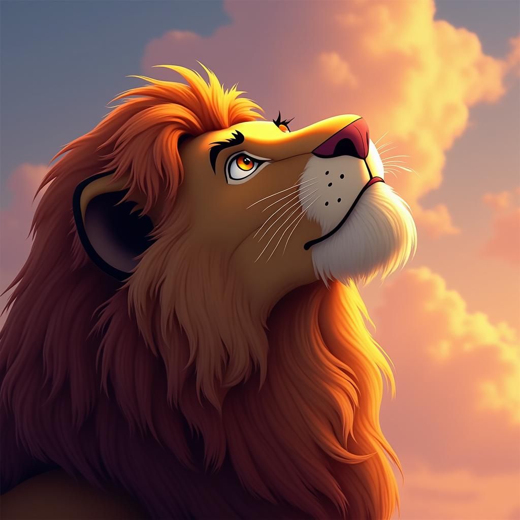 Majestic Lion Gazing Skyward in Animated Style