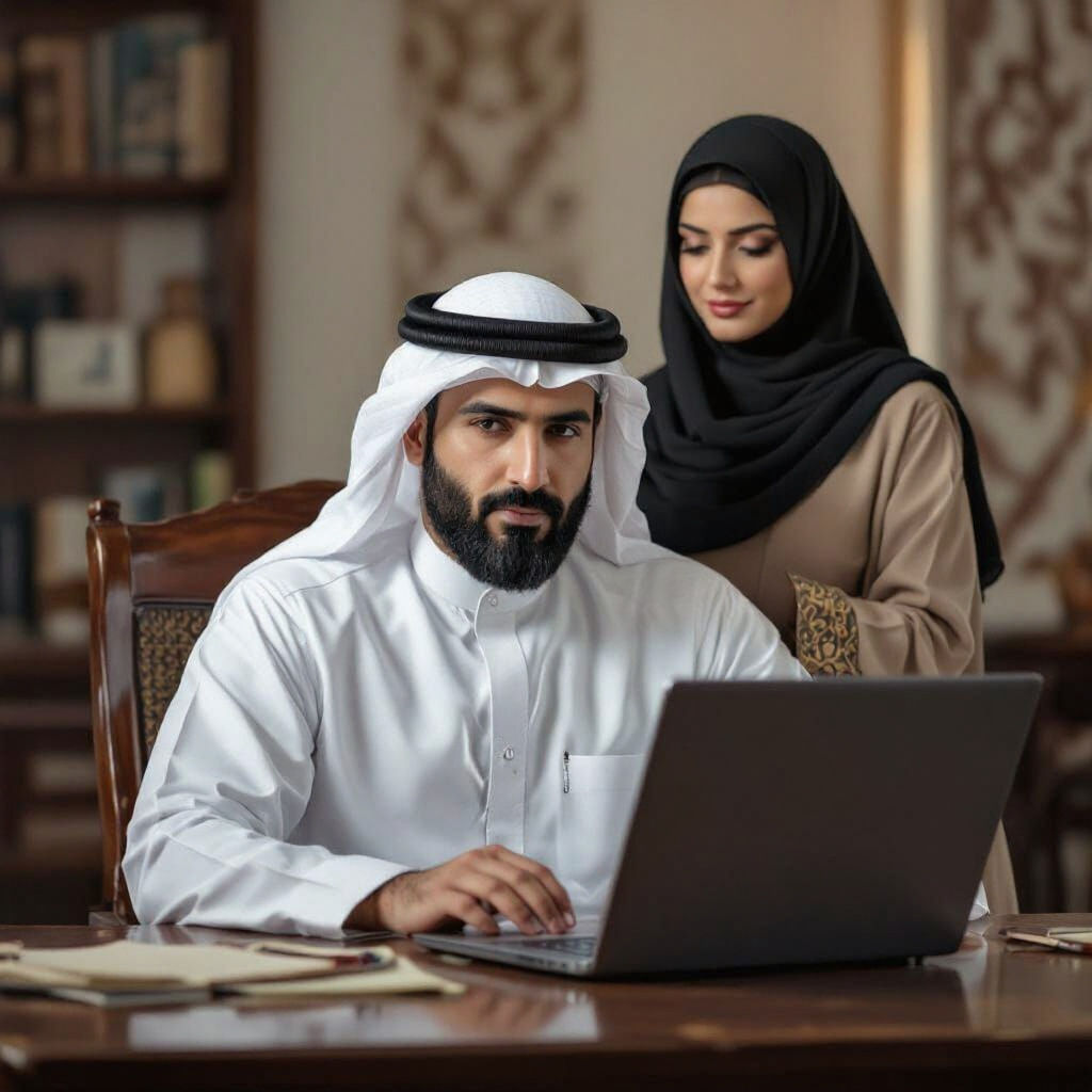 Muslim Man Working at Desk in Matte Painting Style