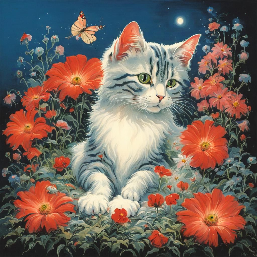 Cat on Pillow Surrounded by Flowers in Surreal Style