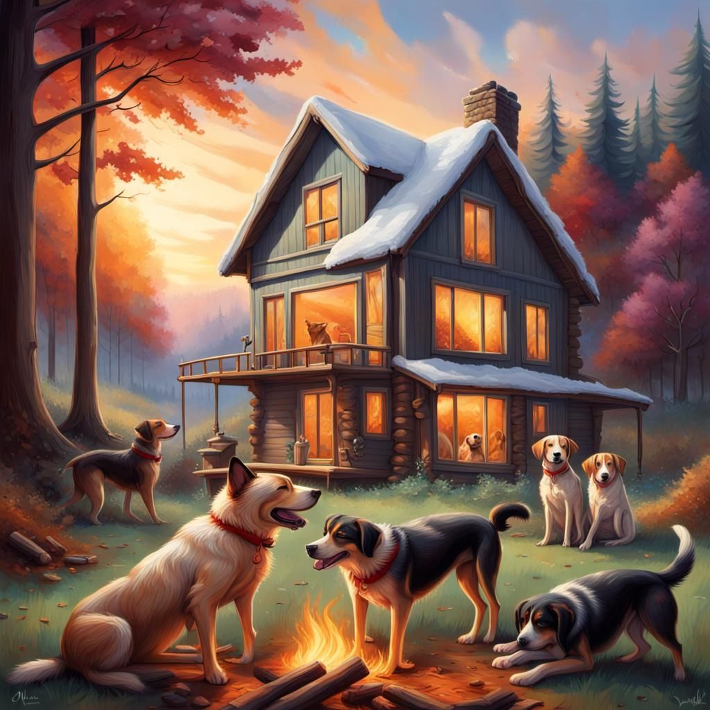 Dogs Lazing Fireside: Hyperrealistic Splash Art