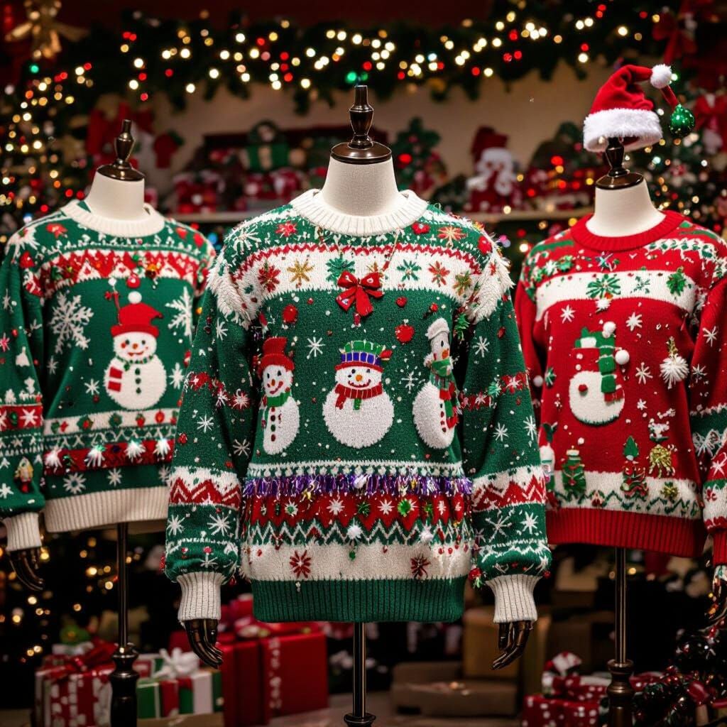 Hilariously Ugly Christmas Sweaters Displayed in Studio