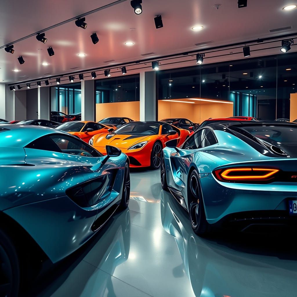 Luxury Sports Cars in Dramatic Showroom Lighting