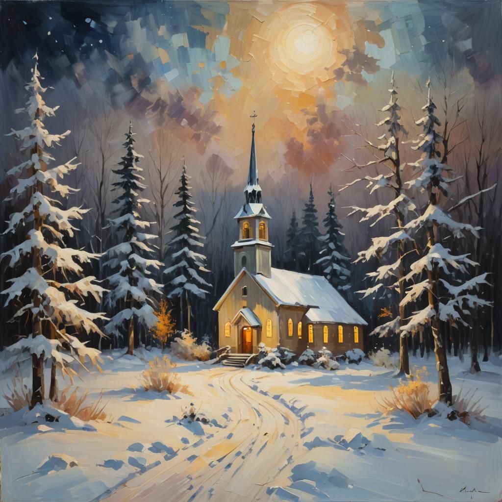 Snowy Church in Impressionist Oil Painting