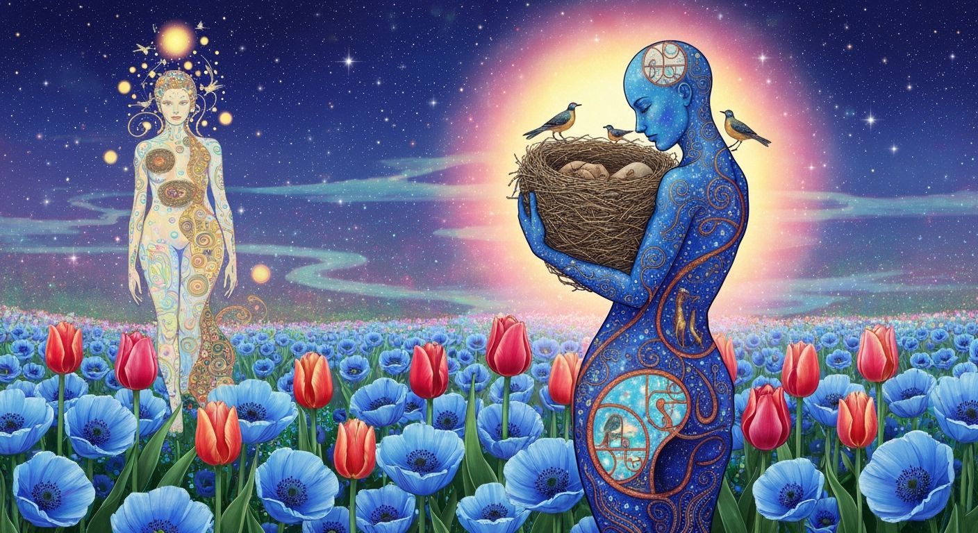 Dreamlike Woman Carrying Star Nest in Bioluminescent Style