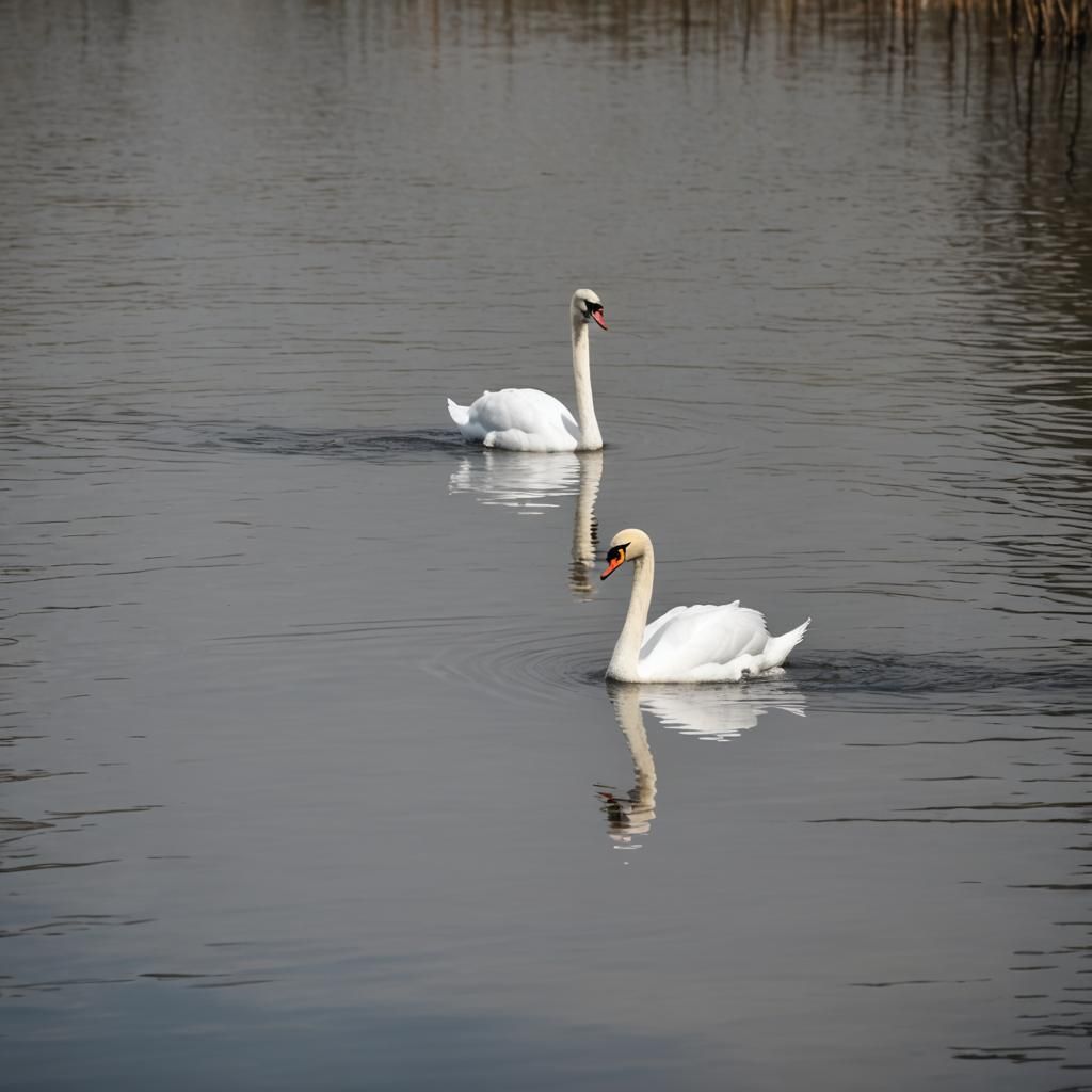 White and Black Swans Reflected in Lake