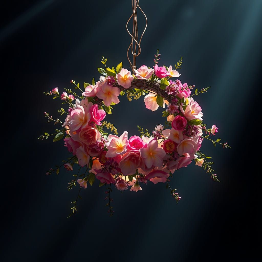 Surreal Floral Wreath in Mid-Air, Radiant and Dreamlike