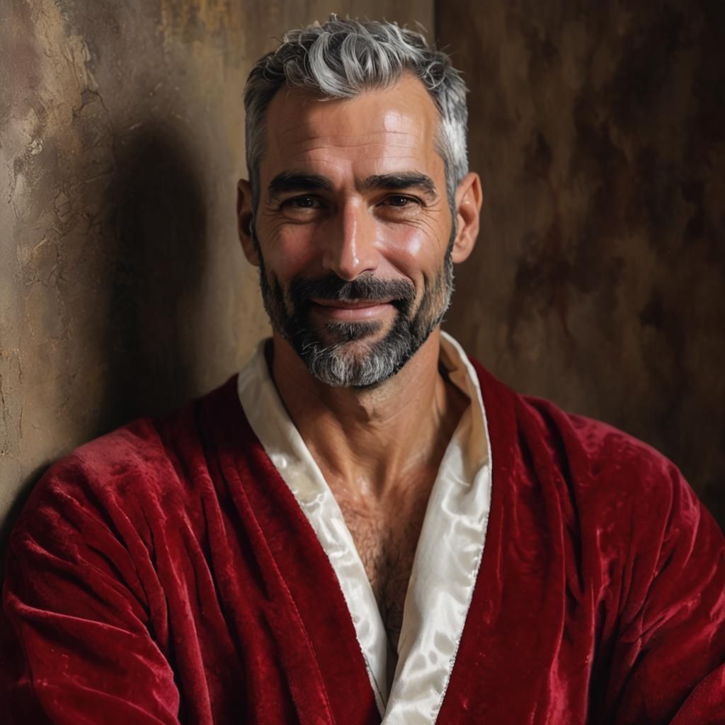 Silver-Haired Man in Red Velvet Robe Portrait