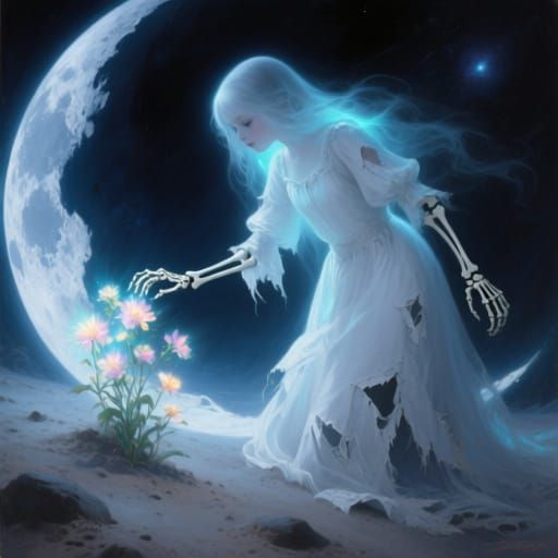 Ethereal Ghost Girl Plucking Flowers on the Moon
