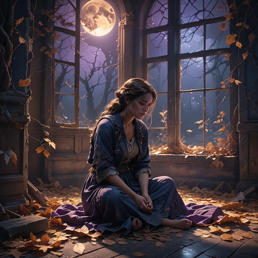 Weeping Woman in Abandoned Room: Fantasy Art