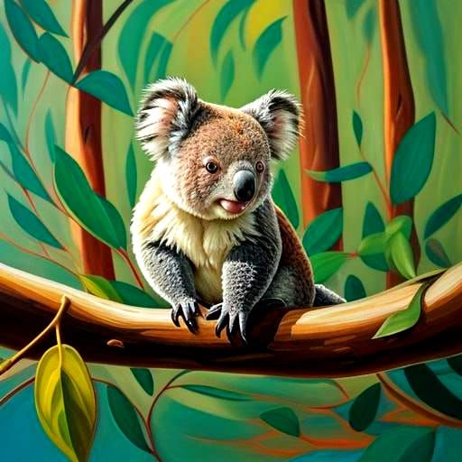 Koala in Eucalyptus, Expressive Impressionist Painting