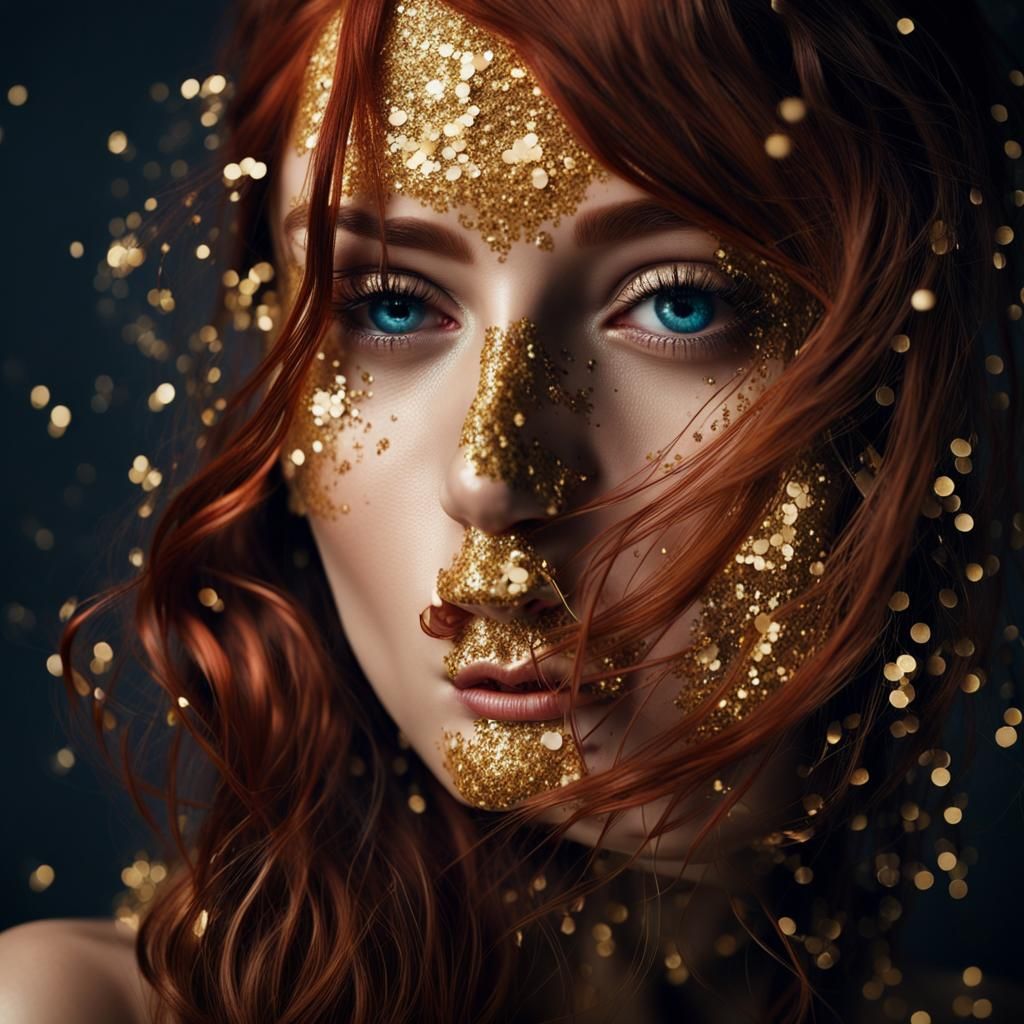 Red-Haired Model with Gold Glitter Portrait