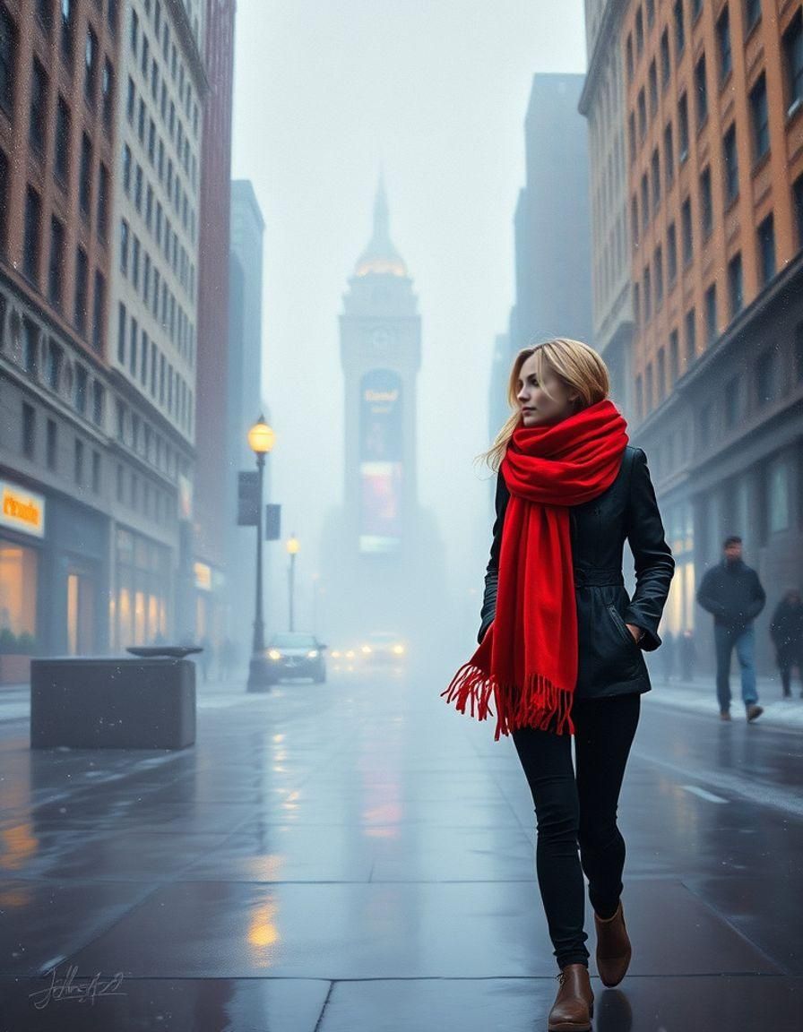 Pop Art Girl in Foggy Cityscape