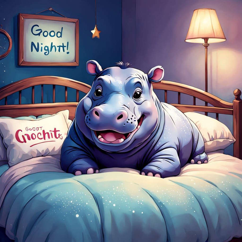 Whimsical Hippo in Cozy Bed: Dreamy Nighttime Scene